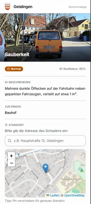 Bürger-App der Kommunalapp: Foto einer Meldung mit KI-Beschreibung, Dringlichkeit und zuständiger Stelle